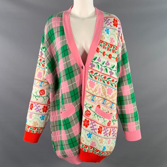 M Pink Multi Color Viscose Blend Floral Plaid Oversized Mixed Patterns Cardigan - Picture 1 of 5